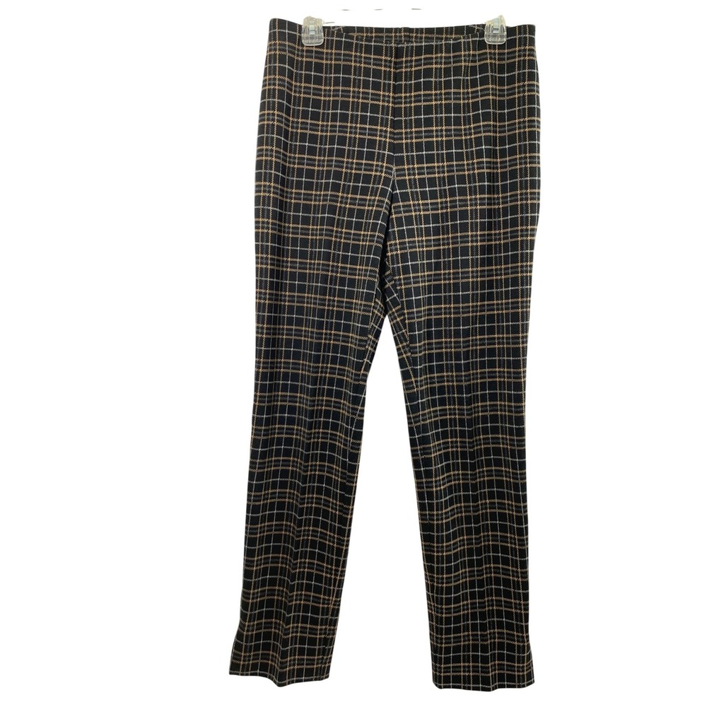 J Jill Ponte Slim Leg Plaid Pants Womens Medium Preppy‎ Dark Academa Black Tan